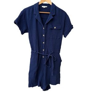 BeachLunchLounge Navy Blue 100% Cotton Double Gauze Romper Tie Waist Size Large